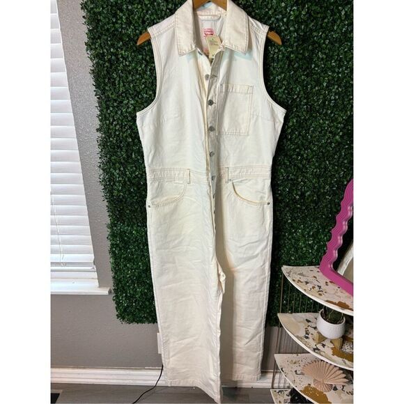 Levi Strauss & Co Women Extra Large Ivory Cream NWT Denim Sleeveless Button Jump - Picture 3 of 6